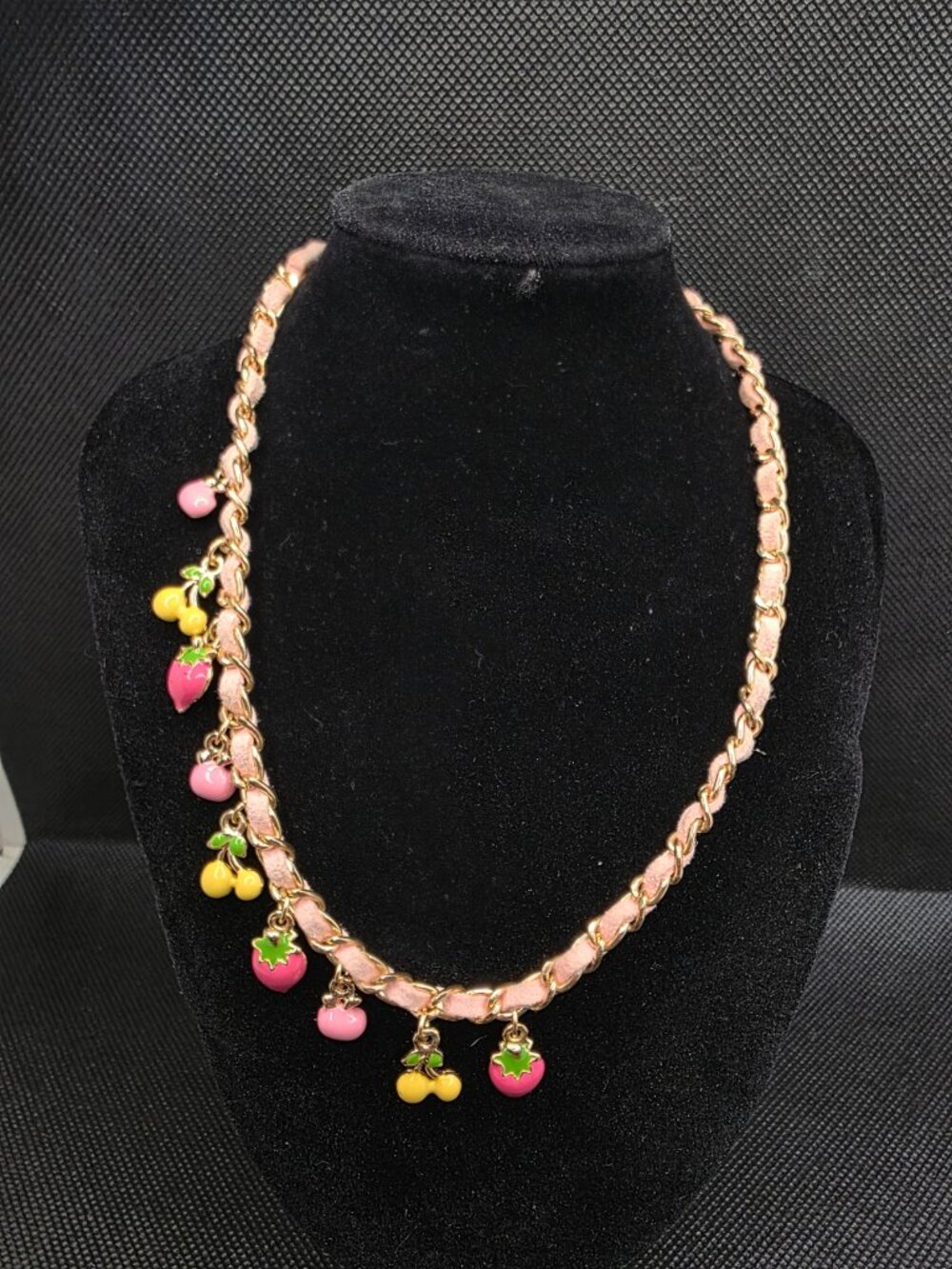 Pink Enamel Fruit Charm Necklace Faux Suede Gold Woven Choker Chain